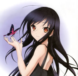 Rule 34 | 10s, 1girl, accel world, bug, butterfly, highres, insect, kuroyukihime, looking back, official art, simple background