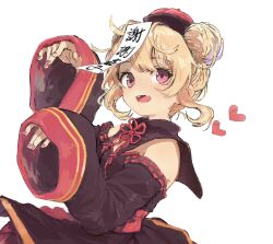 Rule 34 | 1girl, black dress, blonde hair, chinese clothes, detached sleeves, double bun, dress, fang, hair bun, hat, heart, highres, jiangshi, looking at viewer, natori sana, ofuda, open mouth, pink eyes, polca38885403, qingdai guanmao, sana channel, simple background, skin fang, smile, solo, virtual youtuber, white background, wide sleeves