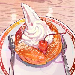 Rule 34 | cherry, food, food focus, fork, fruit, highres, indoors, komeda&#039;s coffee, miri illust, no humans, original, pastry, plate, restaurant, shiro-noir, spoon, table, whipped cream, wooden table