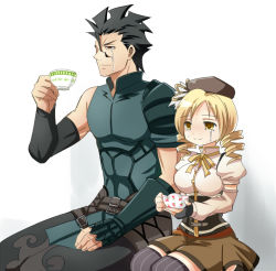 Rule 34 | 10s, 1boy, 1girl, black hair, blonde hair, breasts, creator connection, crossover, cup, detached sleeves, diarmuid ua duibhne (lancer) (fate), drill hair, fate/zero, fate (series), fingerless gloves, gloves, hat, height difference, large breasts, mahou shoujo madoka magica, mahou shoujo madoka magica (anime), nagare, ribbon, seiza, sitting, skirt, smile, teacup, tears, thighhighs, tomoe mami, twin drills, twintails, urobuchi gen, yellow eyes