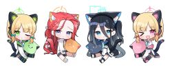 Rule 34 | 4girls, absurdly long hair, absurdres, animal ear headphones, animal ears, aris (blue archive), black hair, black skirt, black thighhighs, blonde hair, blue archive, blue eyes, blue halo, blue necktie, bow, cat ears, cat tail, chibi, closed mouth, collared shirt, fake animal ears, full body, game development department (blue archive), green bow, green eyes, green halo, hair bow, halo, headphones, highres, jacket, long hair, midori (blue archive), momoi (blue archive), multiple girls, nannung, necktie, one eye closed, open clothes, open jacket, open mouth, orange halo, parted lips, pink eyes, pink halo, purple eyes, red bow, red hair, shirt, short hair, simple background, skirt, smile, tail, thighhighs, two-sided fabric, two-sided jacket, very long hair, white background, white jacket, white shirt, yuzu (blue archive)