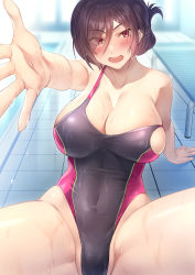 Rule 34 | 1girl, arm support, bench, black hair, black one-piece swimsuit, blurry, blurry background, breasts, brown hair, cleavage, commentary request, competition swimsuit, covered navel, groin, hair between eyes, highres, himamo, large breasts, long hair, one-piece swimsuit, open mouth, original, outstretched arm, pool, poolside, short hair, sitting, solo, spread legs, swimsuit, taut clothes, taut swimsuit, thick thighs, thighs, tile floor, tiles, wet