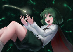 Rule 34 | 1girl, :d, absurdres, antennae, black cape, black shorts, blush, cape, collared shirt, commentary, feet out of frame, fireflies, flat chest, frilled sleeves, frills, green eyes, green hair, highres, long sleeves, luke (kyeftss), medium bangs, open mouth, red cape, shirt, short hair, shorts, smile, socks, solo, touhou, two-sided cape, two-sided fabric, white shirt, white socks, wriggle nightbug
