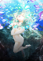 Rule 34 | 1girl, air bubble, barefoot, blue hair, breath, bubble, blowing bubbles, censored, convenient censoring, diving, closed eyes, freediving, fukyuu, highres, long hair, michael ken, nude, nudist, ocean, open mouth, original, skinny dipping, solo, swimming, underwater, water, zenra