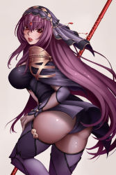 Rule 34 | 1girl, armor, ass, bodysuit, boots, breasts, cowboy shot, dydydyok, eyelashes, fate/grand order, fate (series), forehead jewel, from behind, gae bolg (fate), gem, gloves, hair between eyes, hand on lap, highres, holding, holding polearm, holding spear, holding weapon, lance, large breasts, leg up, lips, long hair, looking at viewer, looking back, nose, open mouth, pantyhose, parted lips, pauldrons, polearm, purple bodysuit, purple hair, red eyes, red lips, scathach (fate), shoulder armor, shoulder pads, sideboob, skin tight, solo, spear, standing, standing on one leg, teeth, turtleneck, veil, very long hair, weapon