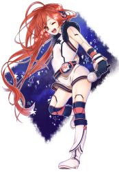 Rule 34 | 1girl, ahoge, android, bad id, bad pixiv id, belt, boots, dress, gloves, headphones, highres, joints, kneehighs, long hair, madyou69-aria, makoro, microphone, multicolored clothes, multicolored legwear, one eye closed, red eyes, red hair, robot joints, sf-a2 miki, smile, socks, solo, star (symbol), striped clothes, striped gloves, striped socks, very long hair, vocaloid, wink, wrist cuffs