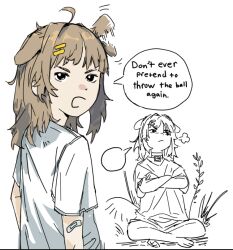 Rule 34 | 1girl, ahoge, animal ears, annoyed, bandaid, bandaid on arm, closed mouth, crossed legs, dog ears, dog girl, ear wiggle, eebus (eebus3698), english text, furrowed brow, hair ornament, hairclip, light brown hair, looking at viewer, original, shirt, short hair, short sleeves, simple background, sitting, sketch, speech bubble, upper body, white background, white shirt
