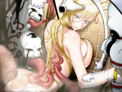 Rule 34 | 1girl, anne beart, blonde hair, blue eyes, breasts, clenched teeth, from behind, game cg, hand on head, huge breasts, imminent rape, liarsoft, long hair, monster, nude, ourai no gahkthun, restrained, scar, scared, shower, steampunk (liarsoft), tears, teeth, tongue, wet