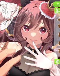 Rule 34 | 1girl, animal ears, breasts, brown hair, cleavage, collarbone, commentary request, cracked screen, fourth wall, gentildonna (umamusume), hair between eyes, hair ornament, highres, horse ears, horse girl, large breasts, looking at viewer, monitor, open mouth, ponzu (rrrritisu), portrait, pov, pov hands, red eyes, solo focus, umamusume