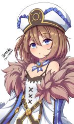 Rule 34 | 1girl, absurdres, bare shoulders, blanc (neptunia), blue eyes, blush, bmkro, brown hair, coat, dress, expressionless, fur-trimmed coat, fur trim, hair between eyes, hat, highres, looking at viewer, medium hair, neptune (series), off-shoulder coat, off shoulder, parted lips, signature, simple background, solo, spaghetti strap, staring, white background, white coat, white dress