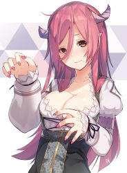 Rule 34 | 1girl, artist name, blouse, blush, breasts, claw pose, claws, cleavage, closed mouth, collarbone, fingernails, gao, gold trim, hair between eyes, hands up, highres, horns, large breasts, long hair, looking at viewer, meth (emethmeth), nail polish, original, pink eyes, pink hair, pink nails, pointy ears, puffy sleeves, sharp fingernails, shirt, sidelocks, signature, solo, underbust, upper body, white shirt