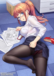 Rule 34 | 1girl, :o, black pantyhose, blue eyes, blue skirt, breasts, glasses, high heels, long hair, long sleeves, looking at viewer, lying, medium breasts, miniskirt, office lady, on side, open mouth, orange hair, original, panties, panties under pantyhose, pantyhose, paper, pencil skirt, ponytail, red footwear, see-through, shirt, shirt tucked in, shoes, unworn shoes, skirt, solo, tenkuu nozora, thighband pantyhose, underwear, white shirt