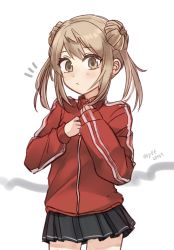 Rule 34 | 1girl, alternate costume, black skirt, commentary request, contrapposto, double bun, hair bun, highres, jacket, kantai collection, light brown hair, michishio (kancolle), one-hour drawing challenge, pleated skirt, red jacket, short hair, short twintails, simple background, skirt, solo, track jacket, twintails, white background, yellow eyes, yufufu