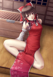 Rule 34 | 1girl, bad id, bad pixiv id, barefoot, bow, box, brown hair, china dress, chinese clothes, detached sleeves, donation box, dress, female focus, hair bow, hair ribbon, hakurei reimu, highres, indian style, mochi.f, red eyes, ribbon, short hair, sitting, solo, touhou