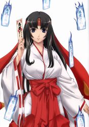 Rule 34 | 1girl, absurdres, black hair, breasts, covered erect nipples, hairband, highres, japanese clothes, katana, kimono, large breasts, long hair, looking at viewer, miko, purple eyes, queen&#039;s blade, smile, solo, sword, tomoe (queen&#039;s blade), weapon, wide sleeves