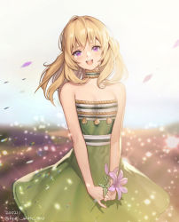 Rule 34 | 1girl, :d, bare arms, blonde hair, blurry, blurry background, breasts, choker, cleavage, crying, crying with eyes open, dated, dress, floating hair, flower, fumetsu no anata e, green dress, highres, holding, holding flower, kyuri (suika), long hair, looking at viewer, open mouth, pink flower, purple eyes, rean cropp, small breasts, smile, solo, standing, straight hair, strapless, strapless dress, tears, twitter username