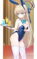 Rule 34 | 1girl, animal ears, aqua bow, aqua bowtie, blonde hair, blue archive, blue eyes, blue leotard, bow, bowtie, breasts, cleavage, commentary, detached collar, earpiece, fake animal ears, fake tail, halo, highleg, highleg leotard, highres, holding, holding tray, leotard, long hair, looking at viewer, medium breasts, nima (niru54), official alternate costume, parted lips, playboy bunny, rabbit ears, rabbit tail, solo, strapless, strapless leotard, tail, thighhighs, toki (blue archive), toki (bunny) (blue archive), tray, v, very long hair, white thighhighs, white wrist cuffs, wrist cuffs