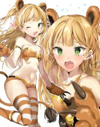 Rule 34 | 1girl, ;d, animal ears, animal hands, bad id, bad pixiv id, bare shoulders, bell, blonde hair, blush, breasts, brown shorts, collarbone, crop top, fang, glint, gloves, green eyes, groin, heart, idolmaster, idolmaster cinderella girls, jingle bell, jougasaki rika, long hair, looking at viewer, medium breasts, multiple views, navel, one eye closed, open mouth, paw gloves, pinb, short shorts, shorts, smile, striped clothes, striped thighhighs, tail, tears, thighhighs, two side up, very long hair, white background