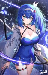 Rule 34 | 1girl, bare shoulders, belt, black choker, blue dress, blue eyes, blue hair, breasts, brooch, choker, cleavage, closed mouth, commission, covered navel, cowboy shot, criss-cross halter, dress, gao kawa, hair between eyes, hair ribbon, hairband, halterneck, highres, holding, holding weapon, jacket, jewelry, large breasts, long hair, long sleeves, looking at viewer, off shoulder, open clothes, open jacket, original, ribbon, short dress, side ponytail, sleeveless, sleeveless dress, smile, snow, snowflakes, solo, spaghetti strap, standing, thigh strap, thighs, very long hair, weapon, white jacket