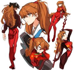 Rule 34 | 1girl, ass, blue eyes, bodysuit, curvy, daniel deng, eyepatch, hairpods, highres, interface headset, lance of longinus (evangelion), multicolored bodysuit, multicolored clothes, multiple views, neon genesis evangelion, orange bodysuit, orange hair, pilot suit, plugsuit, rebuild of evangelion, red bodysuit, shiny clothes, sketch, souryuu asuka langley, wide hips