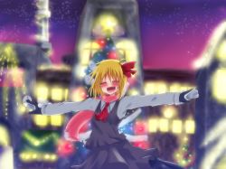 Rule 34 | 1girl, ^ ^, blonde hair, blush, building, christmas, closed eyes, embodiment of scarlet devil, closed eyes, fangs, female focus, hair ribbon, kinopi318, mittens, open mouth, outstretched arms, pillar, ribbon, rumia, scarf, short hair, skirt, skirt set, solo, spread arms, star (symbol), takorice, touhou, tree