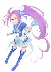 Rule 34 | 10s, 1girl, ahoge, blue footwear, blue skirt, blue thighhighs, boots, brooch, choker, cure beat, dress, eyelashes, frills, full body, guitar, heart, hobb, instrument, jewelry, kurokawa eren, long hair, magical girl, precure, purple hair, seiren (suite precure), side ponytail, skirt, smile, solo, suite precure, thigh boots, thighhighs, white background, yellow eyes