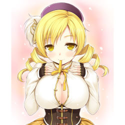 Rule 34 | 10s, 1girl, beret, blonde hair, blush, breasts, cleavage, drill hair, fingerless gloves, gloves, hair ornament, hat, hinoto hitsuji, large breasts, long hair, long sleeves, looking at viewer, magical girl, mahou shoujo madoka magica, mahou shoujo madoka magica (anime), mouth hold, open clothes, open shirt, ribbon, ribbon in mouth, shirt, smile, solo, tomoe mami, twin drills, twintails, yellow eyes