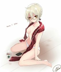 Rule 34 | 1girl, ahoge, arms at sides, artoria pendragon (fate), bad id, bad pixiv id, bare legs, barefoot, black-framed eyewear, blonde hair, braid, breasts, breasts apart, cellphone, closed mouth, coffee, coffee mug, collarbone, convenient censoring, cup, fate/grand order, fate (series), fringe trim, full body, glasses, highres, huyou (awegk), looking at viewer, looking over eyewear, medium breasts, mug, mysterious heroine x (fate), mysterious heroine x alter (fate), mysterious heroine x alter (first ascension) (fate), on floor, orange eyes, panties, phone, plaid, plaid scarf, red scarf, scarf, scarf over breasts, semi-rimless eyewear, short hair, signature, simple background, sitting, smartphone, solo, topless, tsurime, under-rim eyewear, underwear, underwear only, wariza, white background, white panties, wooden floor