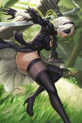 Rule 34 | 1girl, ass, black dress, black footwear, black headband, black thighhighs, blindfold, boots, bottomless, breasts, center opening, cleavage, closed mouth, commentary, covering own eyes, dress, english commentary, flower, foliage, glowing, grass, headband, hybridmink, katana, knee up, medium breasts, nier (series), nier:automata, outdoors, patreon username, solo, standing, standing on one leg, sword, thigh boots, thighhighs, weapon, white hair, 2b (nier:automata), ||/