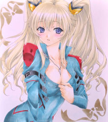 Rule 34 | 1girl, arm strap, bad id, bad pixiv id, blonde hair, blush, bow, breasts, cleavage, code geass, code geass: boukoku no akito, jewelry, leila malcal, long hair, marker (medium), millipen (medium), necklace, parted lips, pastel (medium), purple eyes, ren (endscape20), traditional media, unzipped