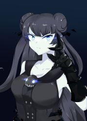 Rule 34 | 1girl, absurdres, abyssal ship, black background, black gloves, black hair, blue eyes, collarbone, colored skin, double bun, gloves, glowing, glowing eyes, hair bun, highres, kantai collection, light cruiser oni, long hair, looking at viewer, ryuham second, simple background, solo, twintails, upper body, white skin