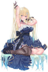 Rule 34 | 1girl, absurdly long hair, aizawa ema, aizawa ema (1st costume), armpits, arms up, asymmetrical legwear, bare shoulders, black footwear, black gloves, blonde hair, blue dress, blue eyes, blue hair, blunt bangs, breasts, cat earrings, choker, commission, criss-cross halter, doatobira, dress, fishnet thighhighs, fishnets, flower, gloves, gradient hair, hair flower, hair ornament, hairclip, halter dress, halterneck, high heels, highres, huge bow, knees, lace, lace-trimmed choker, lace-trimmed skirt, lace choker, lace gloves, lace trim, large breasts, lips, long hair, looking at viewer, multicolored hair, open mouth, parted bangs, playing with own hair, see-through gloves, simple background, single thighhigh, sitting, skeb commission, skirt, smile, solo, teeth, thigh strap, thighhighs, very long hair, virtual youtuber, vspo!, white background, yokozuwari