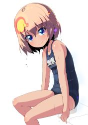 Rule 34 | 10s, 1girl, arm support, blonde hair, blue eyes, blue one-piece swimsuit, closed mouth, commentary request, fang, girls und panzer, katyusha (girls und panzer), looking at viewer, name tag, one-hour drawing challenge, one-piece swimsuit, school swimsuit, short hair, sitting, smile, solo, sw (taco), swimsuit, wet