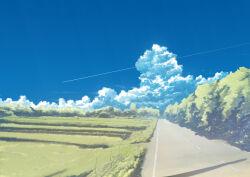 Rule 34 | absurdres, blue sky, cloud, contrail, cumulonimbus cloud, field, hati 98, highres, no humans, original, road, scenery, sky, summer, tree