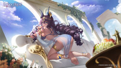 Rule 34 | 1girl, animal ears, anubis (echocalypse), armlet, artist request, ass, barefoot, bikini, blue bikini, blurry, blurry foreground, breasts, brick, cloud, copyright notice, couch, dark-skinned female, dark skin, drill hair, echocalypse, flower, food, gem, hair between eyes, highres, large breasts, logo, long hair, official art, on couch, purple hair, red gemstone, ruins, second-party source, see-through, sky, solo, swimsuit, table, thighlet