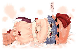 Rule 34 | 1girl, bad id, bad pixiv id, blue hair, child, female focus, frilled pillow, frills, hat, niji (nijioki), hugging object, pillow, pillow hug, red eyes, remilia scarlet, solo, tears, touhou, wings