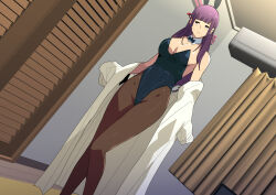 Rule 34 | 1girl, :&lt;, animal ears, bare shoulders, blush, bow, bowtie, breasts, brown eyes, cleavage, closed mouth, coat, curtains, detached collar, embarrassed, fake animal ears, feet out of frame, female focus, greco roman (spiral brain), highres, indoors, large breasts, legs, leotard, long hair, looking to the side, open clothes, open coat, original, pantyhose, playboy bunny, purple hair, rabbit ears, solo, standing, thighs, undressing