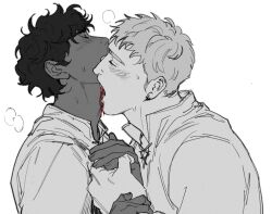 Rule 34 | 2boys, biting, blood drip, blush, breath, closed eyes, couple, dark-skinned male, dark skin, dungeon meshi, fangs, from side, highres, holding hands, jesuistae, kabru, laios touden, licking, licking another&#039;s neck, male focus, monochrome, multiple boys, neck biting, profile, short hair, simple background, spot color, sweat, upper body, wavy hair, white background, yaoi