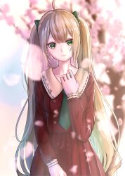 Rule 34 | 1girl, absurdres, ahoge, blonde hair, blurry, blurry background, breasts, cherry blossoms, commentary request, depth of field, expressionless, green eyes, green necktie, highres, long hair, medium breasts, necktie, original, petals, pleated skirt, red serafuku, school uniform, serafuku, sidelocks, signature, skirt, solo, twintails, upper body, very long hair, yami anko