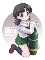 Rule 34 | 10s, 1girl, alternate costume, ammunition, black socks, blouse, blue eyes, blush stickers, brown footwear, brown hair, character name, cosplay, english text, full body, girls und panzer, highres, holding, kneeling, loafers, long sleeves, looking at viewer, mao (6r), miniskirt, neckerchief, nina (girls und panzer), no headwear, ooarai school uniform, oversized clothes, pleated skirt, school uniform, serafuku, shell (projectile), shirt, shoes, short hair, short twintails, skirt, sleeves past wrists, smile, socks, solo, twintails, white background, white shirt