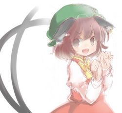 Rule 34 | 1girl, :d, animal ears, bow, bowtie, brown hair, cat ears, cat tail, chen, claw pose, cocoa (cocoa1qld), earrings, flat chest, gao, green hat, grey eyes, hands up, hat, highres, jewelry, juliet sleeves, long sleeves, looking at viewer, looking to the side, mob cap, multiple tails, nekomata, open mouth, puffy sleeves, red skirt, red vest, short hair, simple background, single earring, sketch, skirt, smile, solo, tail, touhou, two tails, v-shaped eyebrows, vest, white background, yellow bow, yellow bowtie