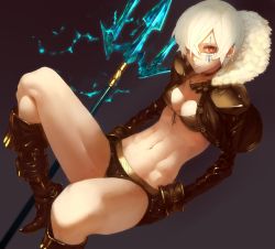 Rule 34 | 1girl, bad id, bad pixiv id, belt, bikini, bikini top only, black footwear, black gloves, boots, breasts, choker, cleavage, cropped jacket, facial tattoo, front-tie bikini top, front-tie top, fur collar, gloves, gradient background, grey background, hair over one eye, highres, horizon (sushi0126), knee boots, looking at viewer, midriff, navel, orange eyes, original, polearm, reclining, short hair, short shorts, shorts, small breasts, solo, swimsuit, tattoo, thighs, toned, trident, weapon, white hair, wrist cuffs