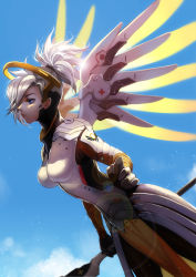Rule 34 | 1girl, alternate hair color, armor, black gloves, blue eyes, blue sky, bodysuit, breastplate, breasts, brown pantyhose, closed mouth, cloud, cloudy sky, cowboy shot, day, eyelashes, faulds, gloves, grey hair, hair ornament, hair over one eye, hair tie, halo, headgear, hei yu, high collar, highres, holding, holding staff, lips, loincloth, long hair, long sleeves, mechanical halo, mechanical wings, medium breasts, mercy (overwatch), overwatch, overwatch 1, pantyhose, pelvic curtain, ponytail, profile, skin tight, sky, solo, spread wings, staff, swiss flag, turtleneck, weapon, white hair, wing print, wings, yellow wings