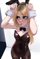 Rule 34 | 1girl, absurdres, animal ears, arms up, averting eyes, black eyes, blonde hair, blush, cigarette, detached collar, embarrassed, fake animal ears, highleg, highres, jessie (veyonis), leotard, long hair, looking to the side, messy hair, original, oversized breast cup, pantyhose, playboy bunny, rabbit ears, rabbit pose, shy, smoke, smoking, solo, strapless, strapless leotard, trembling, veyonis, wrist cuffs