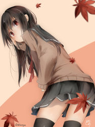 Rule 34 | 1girl, :o, akino shuu, autumn leaves, black hair, black sailor collar, black skirt, black thighhighs, blush, brown background, brown shirt, commentary request, hair between eyes, iroha kaede, leaf, leaning forward, long sleeves, looking at viewer, looking back, maple leaf, neck ribbon, original, parted lips, pleated skirt, red eyes, red ribbon, ribbon, sailor collar, school uniform, serafuku, shirt, skirt, sleeves past wrists, solo, thighhighs, twitter username, two-tone background
