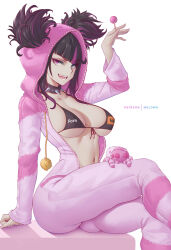 Rule 34 | 1girl, absurdres, bikini, black bikini, black hair, blue eyes, breasts, candy, collar, collarbone, commentary, food, han juri, heterochromia, highres, holding, holding candy, holding food, holding lollipop, hood, large breasts, lollipop, long sleeves, looking at viewer, melowh, multicolored hair, official alternate costume, onesie, open mouth, patreon username, pink eyes, pink hair, pornhub, simple background, solo, spiked collar, spikes, street fighter, street fighter 6, striped, swimsuit, teeth, thick thighs, thighs, two-tone hair, white background