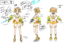 Rule 34 | 1girl, alternate costume, antenna hair, arm up, armlet, artist request, ass, bare shoulders, bikini, bow, bow bikini, breasts, brown eyes, character sheet, clenched hand, commentary request, flower, flower request, from behind, from side, full body, gauntlets, gluteal fold, hair flower, hair ornament, headphones, high heel sandals, high heels, kneepits, light brown hair, looking at viewer, mecha musume, medium breasts, multiple views, navel, official art, open hand, orange bikini, orange bow, platform footwear, profile, red flower, sandals, senki zesshou symphogear, senki zesshou symphogear xd unlimited, shoulder blades, simple background, smile, standing, swimsuit, symphogear pendant, tachibana hibiki (symphogear), thighlet, translation request, white background, white flower, white footwear, yellow flower