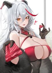 Rule 34 | 1girl, absurdres, aegir (azur lane), aegir (golden dragon among auspicious clouds) (azur lane), azur lane, bare shoulders, black gloves, blush, breasts, candy, chocolate, chocolate bar, chocolate heart, cleavage, coat, demon horns, earrings, food, fur coat, gloves, grey hair, hair between eyes, heart, highres, horns, huge breasts, jewelry, jeze, large breasts, long hair, multicolored hair, open mouth, orange eyes, revealing clothes, skindentation, solo, streaked hair, window