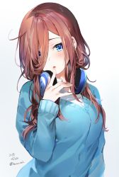 Rule 34 | 1girl, :o, blue cardigan, blue eyes, blush, breasts, brown hair, cardigan, collared shirt, commentary request, dated, dress shirt, finger to mouth, go-toubun no hanayome, gradient background, grey background, hair over one eye, head tilt, headphones, headphones around neck, highres, long hair, long sleeves, looking at viewer, medium breasts, nakano miku, parted lips, red hair, shirt, solo, twitter username, umibouzu (niito), upper body, v-neck, white background, white shirt, wing collar
