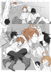 Rule 34 | ..., 1girl, 2boys, arm support, arm up, barefoot, black hair, blue hair, book, book pillow, book stack, boots, brown hair, clenched hand, closed eyes, covering own mouth, drooling, emma (yakusoku no neverland), hair ornament, hairclip, hand over own mouth, head on another&#039;s shoulder, in tree, indesign, leaning on person, leaning to the side, long sleeves, looking at another, looking up, lying, miniskirt, multiple boys, neck tattoo, norman (yakusoku no neverland), number tattoo, on side, on stomach, open mouth, outside border, profile, ray (yakusoku no neverland), shared blanket, shirt, shoe soles, shoes, side-by-side, sitting, sketch, skirt, sleeping, sleeping on person, sleeping upright, spoken ellipsis, spoken zzz, spot color, stretching, tattoo, tears, thought bubble, tree, x hair ornament, yakusoku no neverland, yawning, zzz